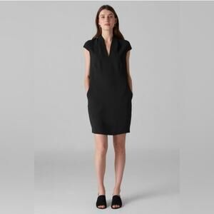 Whistles Size 4 Cap Sleeve Black Sheath Dress With Pockets, Pleated V-neck